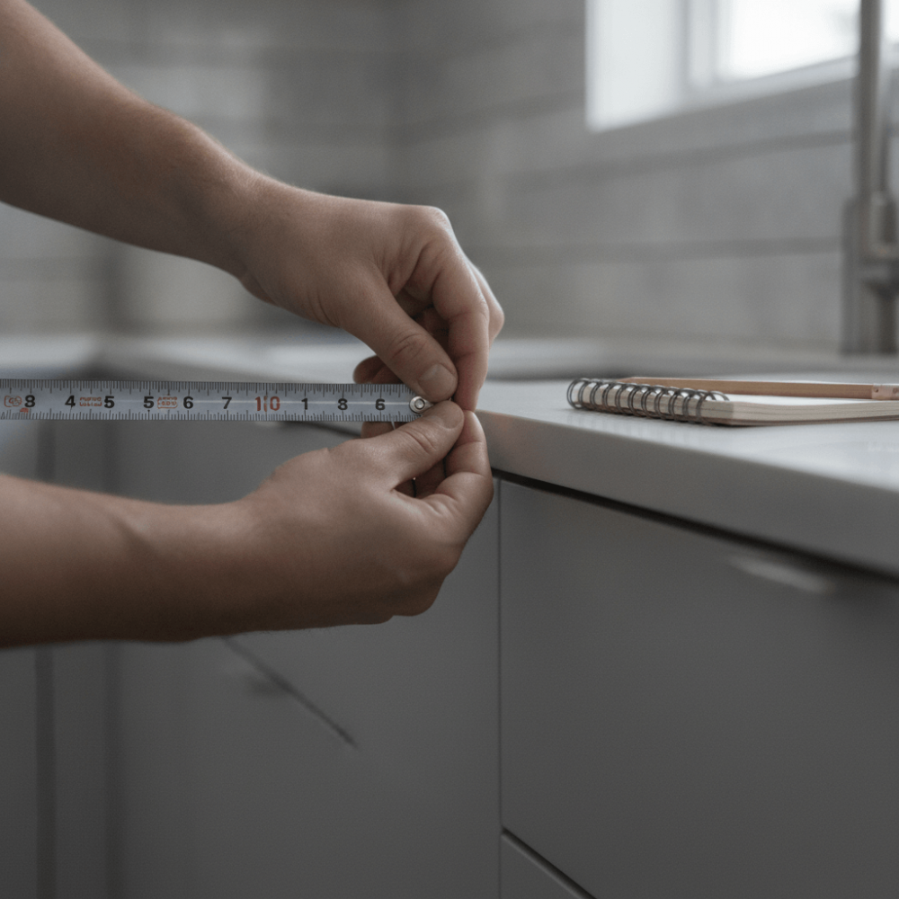 Mesure de l'espace disponible en cuisine avec un mètre ruban avant l'achat d'un frigo américain